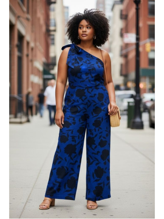 kate spade NEW YORK Pants - Kate Spade Blue & Black Floral One-Shoulder Jumpsuit Plus Size 14